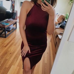 Velvet Red Bodycon Dress with Slit